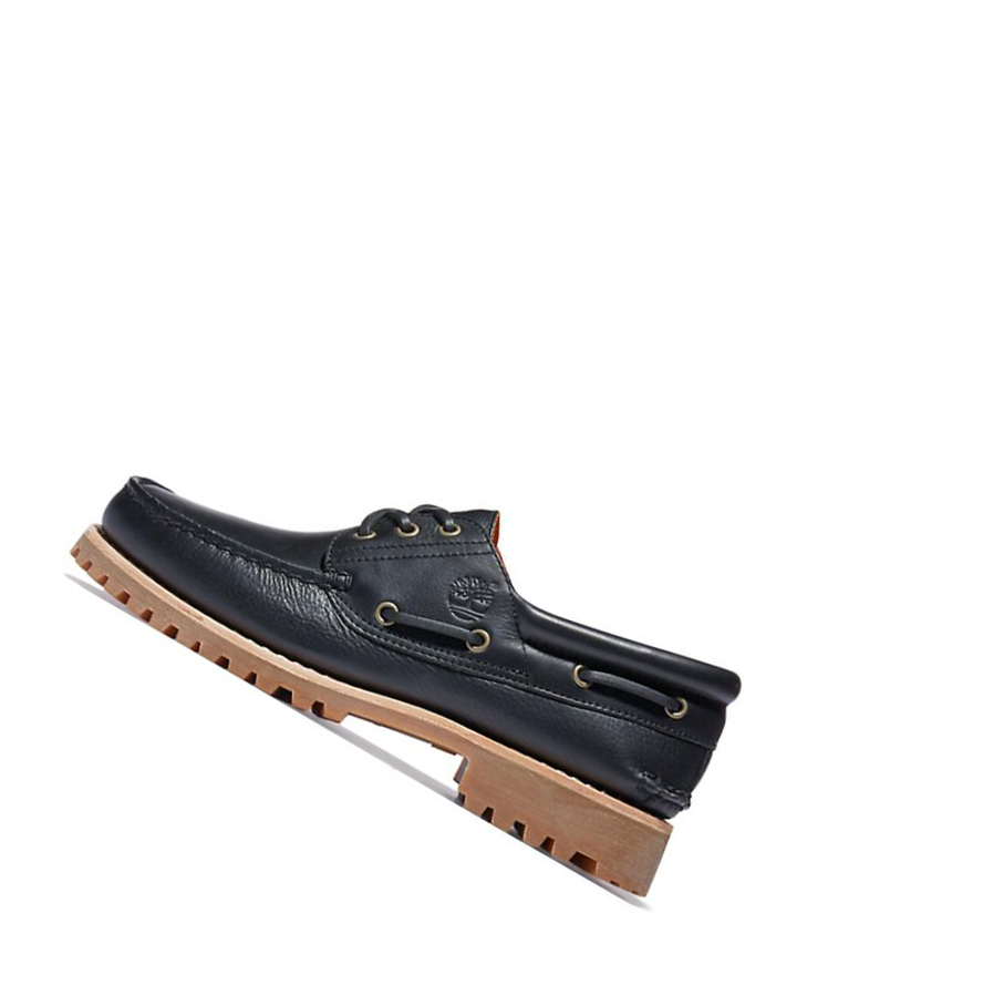 Men's Timberland Authentic 3-Eye Boat Shoes Black | DEG-604398