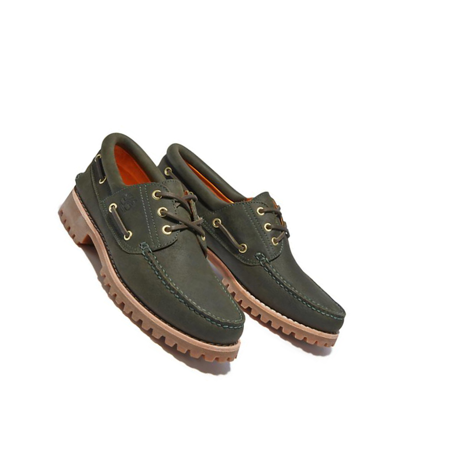 Men's Timberland Authentic 3-Eye Boat Shoes Dark Green | UCJ-841257