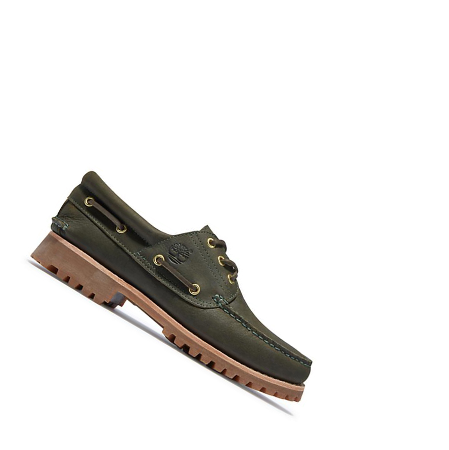 Men\'s Timberland Authentic 3-Eye Boat Shoes Dark Green | UCJ-841257