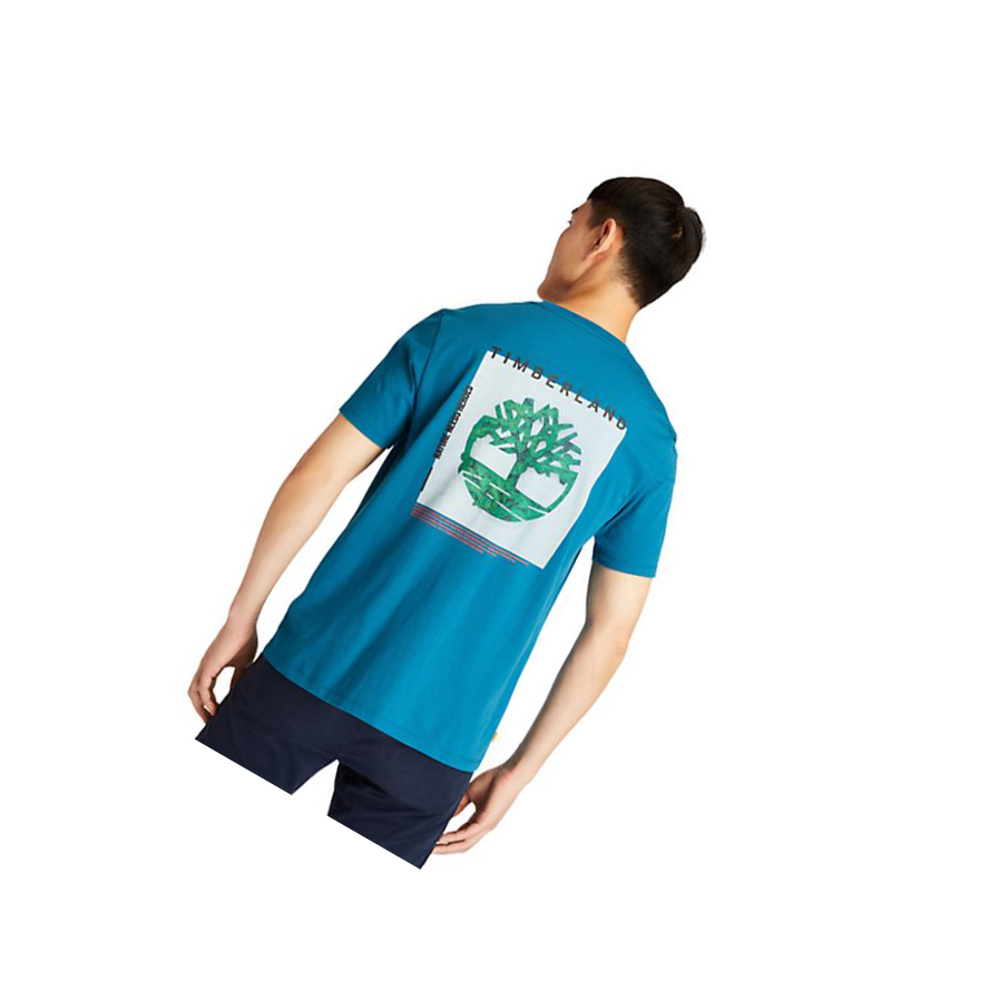 Men's Timberland Back-Graphic Logo T Shirts Teal | ZYB-718234