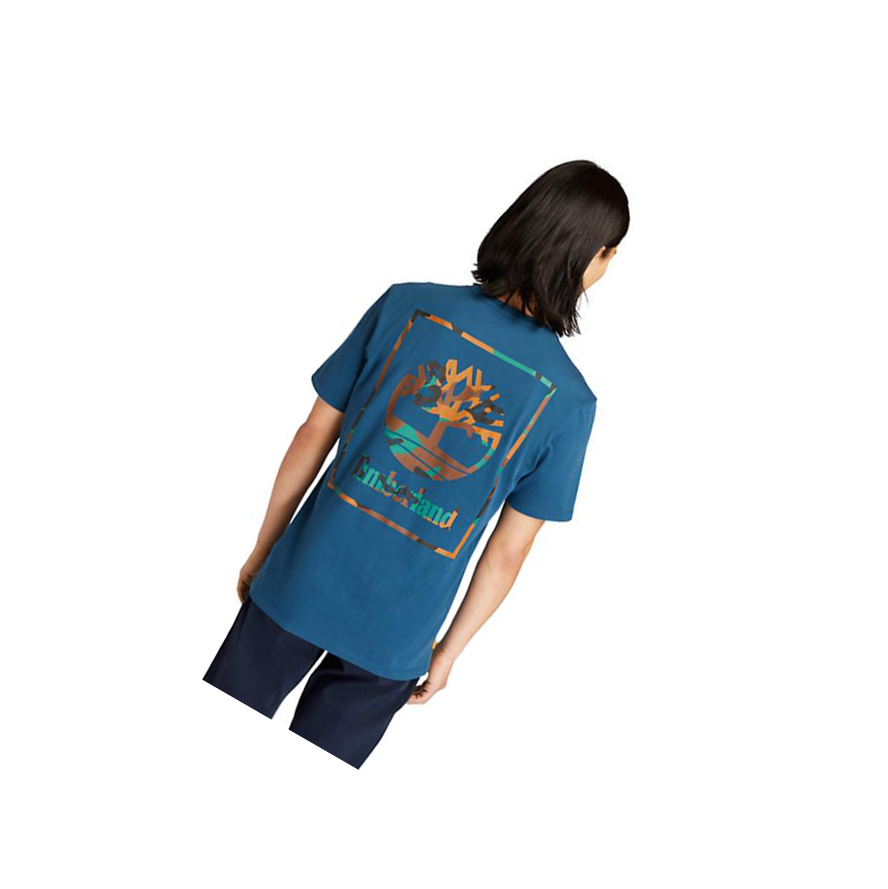 Men's Timberland Camo-print Logo T Shirts Blue | CEG-065219