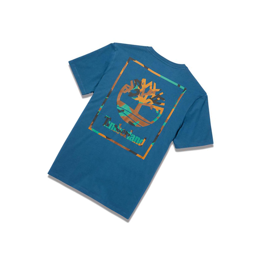 Men's Timberland Camo-print Logo T Shirts Blue | CEG-065219