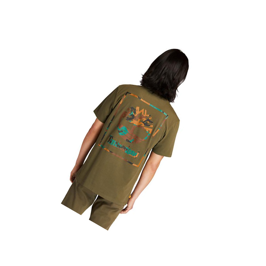 Men's Timberland Camo-print Logo T Shirts Dark Green | IVJ-371526