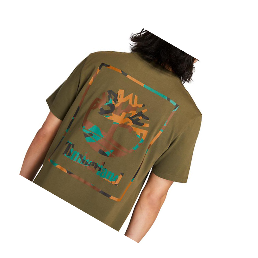 Men's Timberland Camo-print Logo T Shirts Dark Green | IVJ-371526