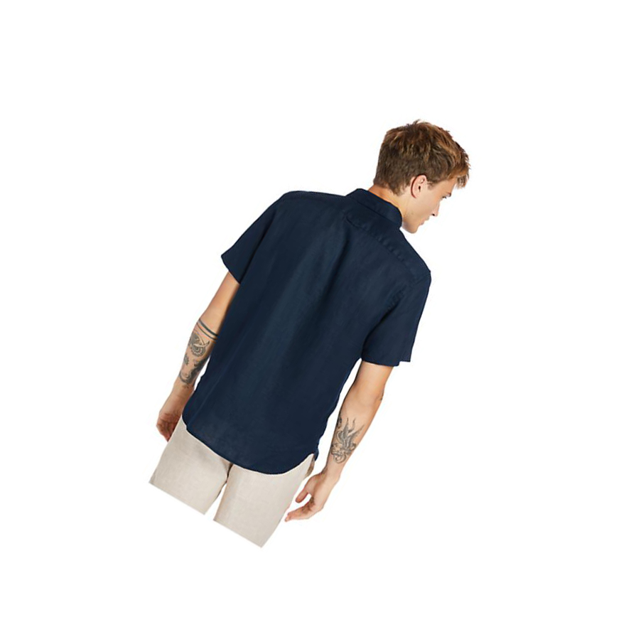 Men's Timberland Mill River Short-sleeve Linen Shirts Navy | YHM-201537