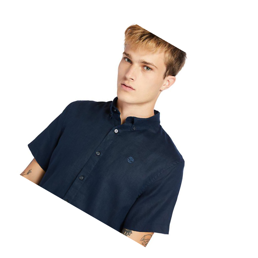 Men's Timberland Mill River Short-sleeve Linen Shirts Navy | YHM-201537