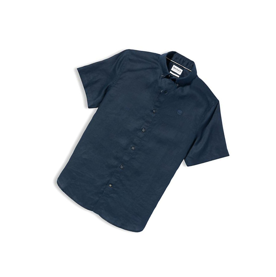 Men's Timberland Mill River Short-sleeve Linen Shirts Navy | YHM-201537