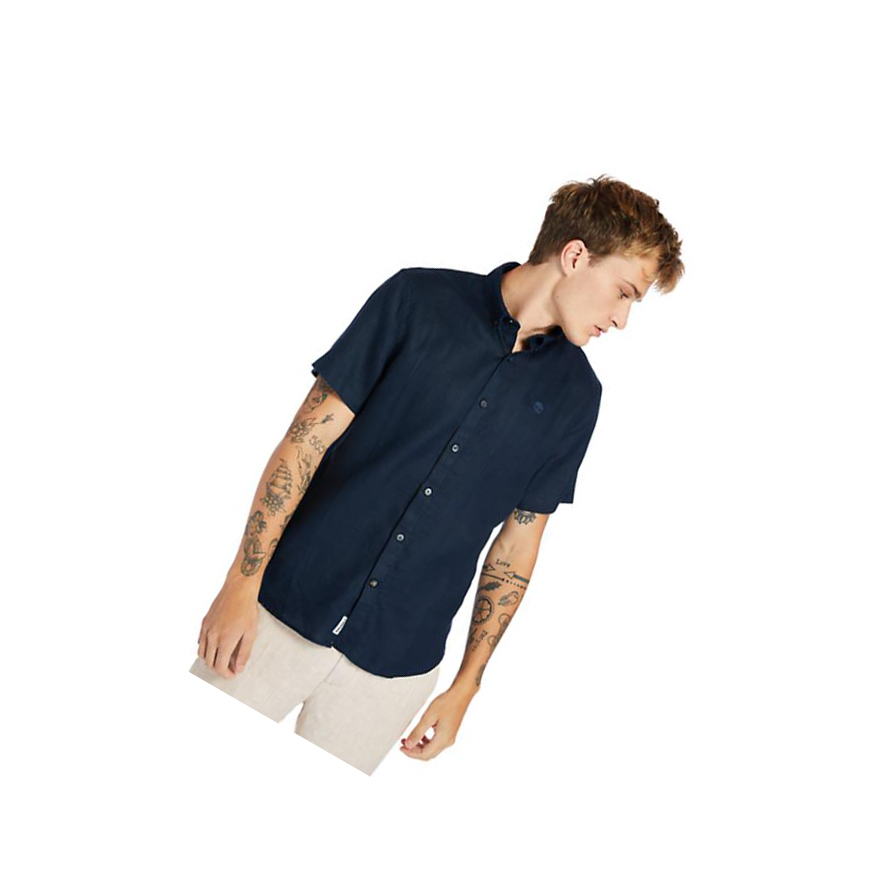 Men\'s Timberland Mill River Short-sleeve Linen Shirts Navy | YHM-201537