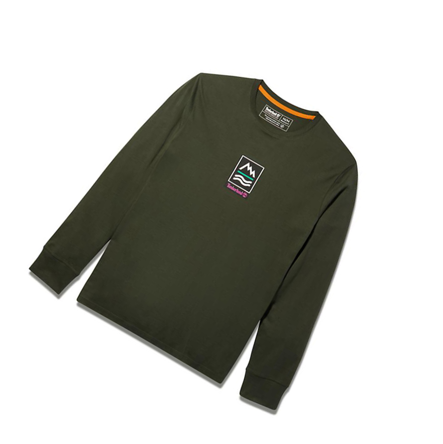 Men's Timberland Outdoor Archive Long-sleeved Graphic T Shirts Dark Green | QPL-126840