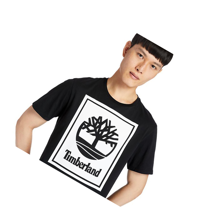 Men's Timberland Stack Logo T Shirts Black White | CQL-859472