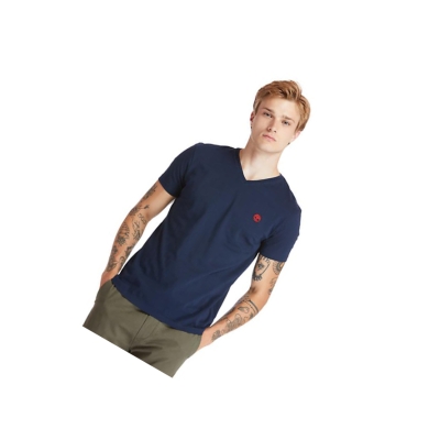 Men's Timberland Dunstan River V-Neck T Shirts Navy | DWZ-798142