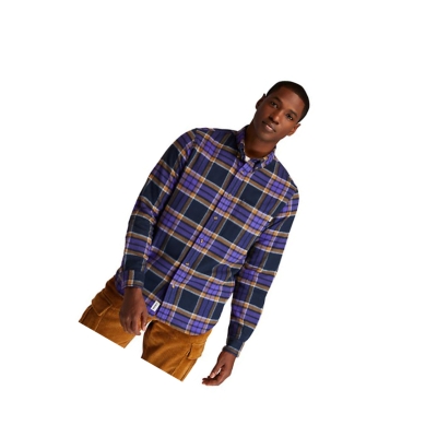 Men's Timberland Heavy Flannel Checked Shirts Dark Blue | WRS-431290