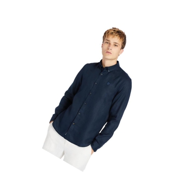 Men's Timberland Mill River LS Linen Shirts Navy | NFC-427358