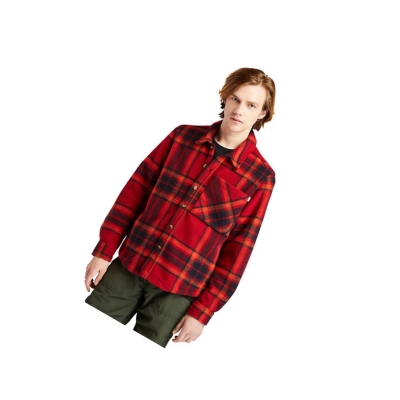 Men's Timberland Plaid Fleece Shirts Red | SIE-671439