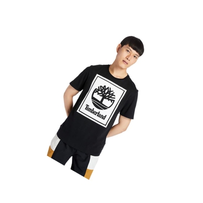 Men's Timberland Stack Logo T Shirts Black White | CQL-859472